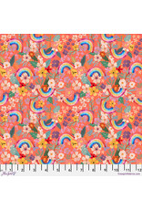 Mia Charro Magic Friends, Rainbows and Flowers in Coral, Fabric Half-Yards