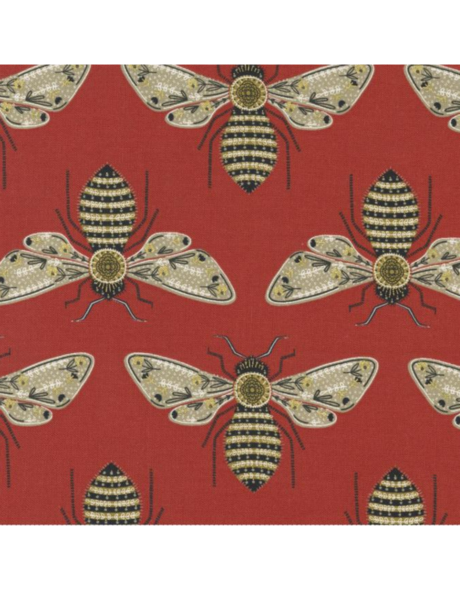 Gingiber Meadowmere, Bumble Bees in Poppy with Metallic, Fabric Half-Yards