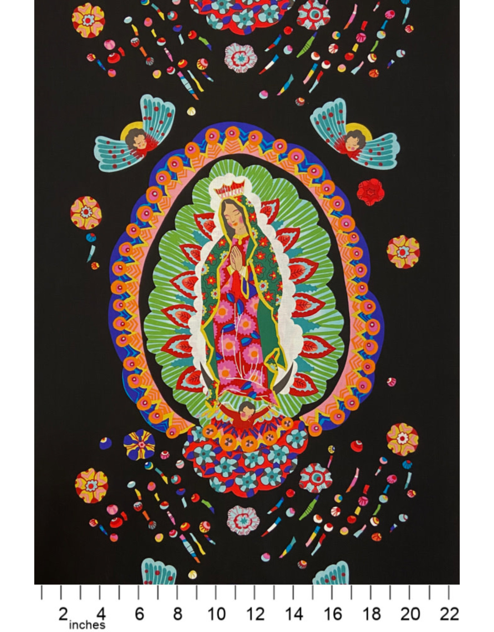 Alexander Henry Fabrics Folklorico,  Our Lady of Guadalupe in Black, 24" x 44" Fabric Double Panel
