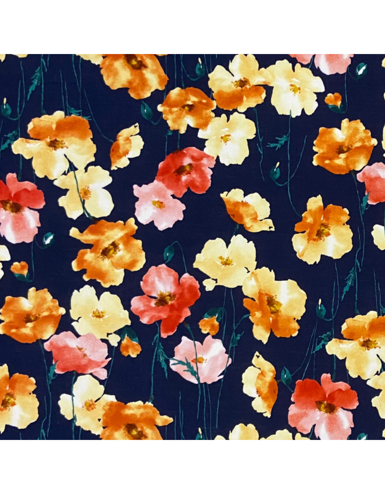 Kokka, Japan Cotton Lawn, Kokka Japan, Poppy Floral in Navy, Fabric Half-Yards