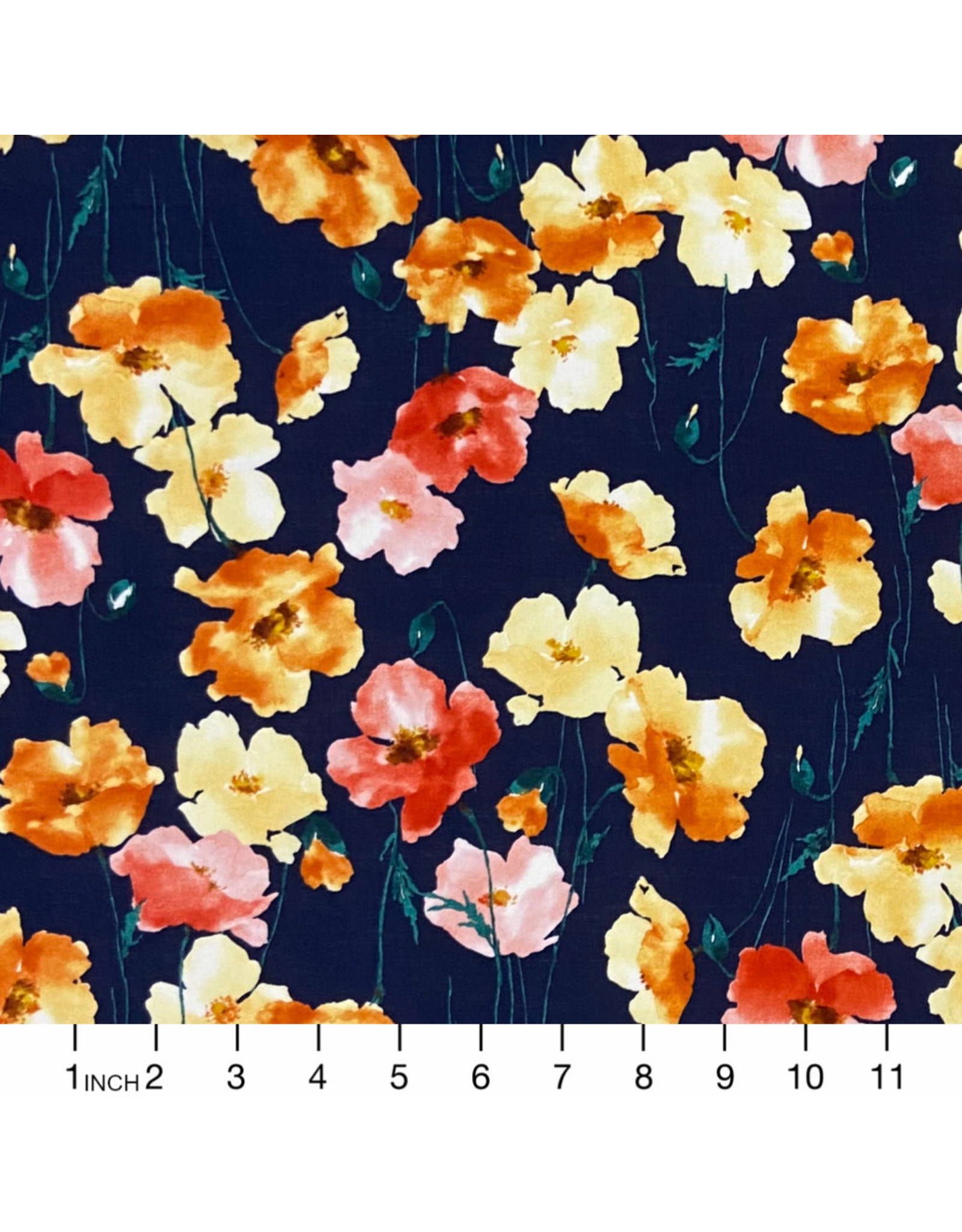 Kokka, Japan Cotton Lawn, Kokka Japan, Poppy Floral in Navy, Fabric Half-Yards