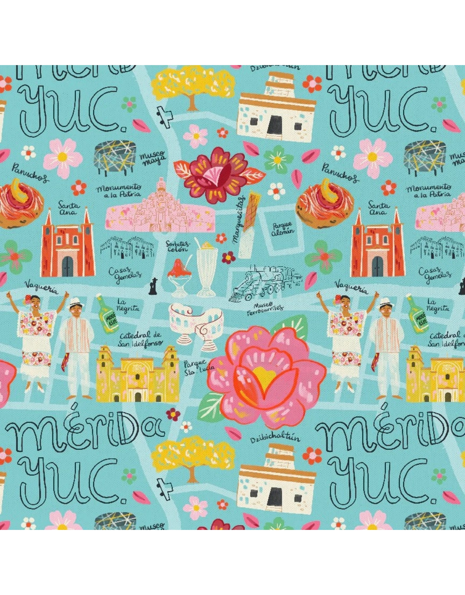 Paintbrush Studio Viva Mexico, Map in Teal, Fabric Half-Yards