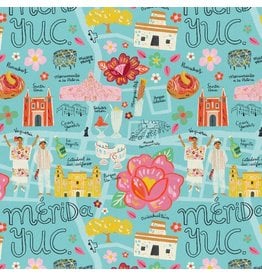 Paintbrush Studio Viva Mexico, Map in Teal, Fabric Half-Yards