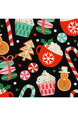 Alexander Henry Fabrics Christmas Time, Merry Mugs in Black, Fabric Half-Yards