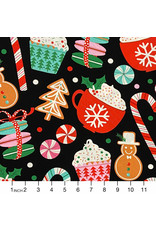 Alexander Henry Fabrics Christmas Time, Merry Mugs in Black, Fabric Half-Yards