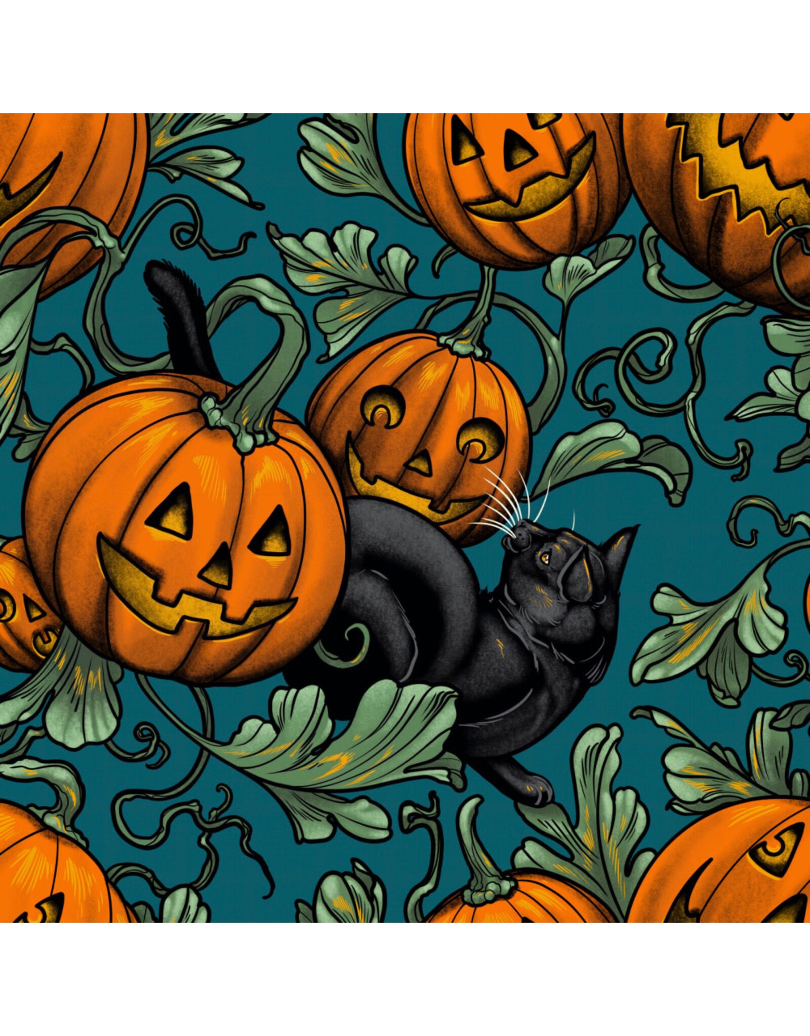 Rachel Hauer Storybook Halloween, Pumpkin Patch in Turquoise, Fabric Half-Yards