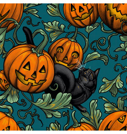 Rachel Hauer Storybook Halloween, Pumpkin Patch in Turquoise, Fabric Half-Yards