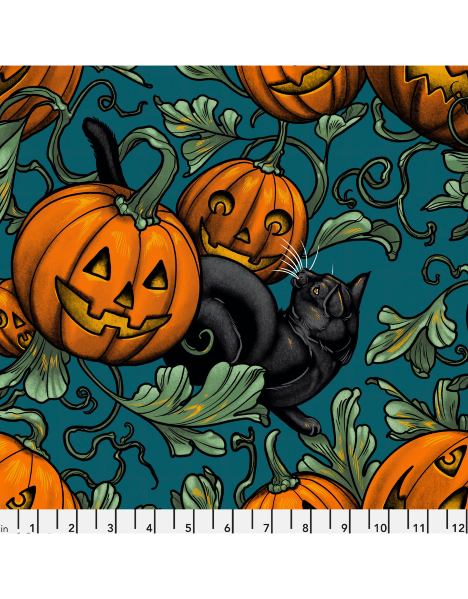 Rachel Hauer Storybook Halloween, Pumpkin Patch in Turquoise, Fabric Half-Yards