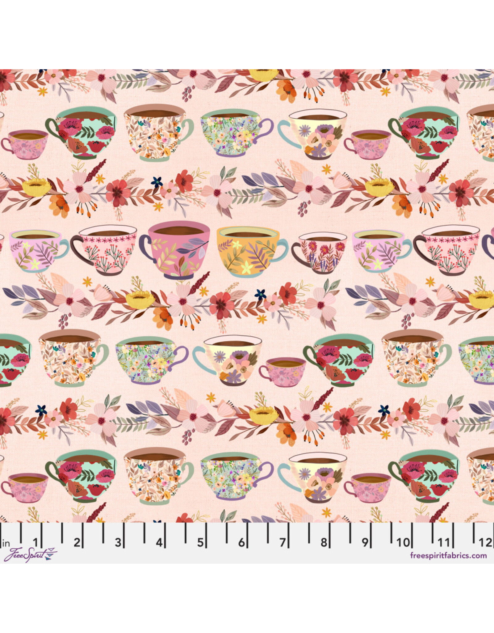 Mia Charro Autumn Friends, Fall Mugs in Pink, Fabric Half-Yards