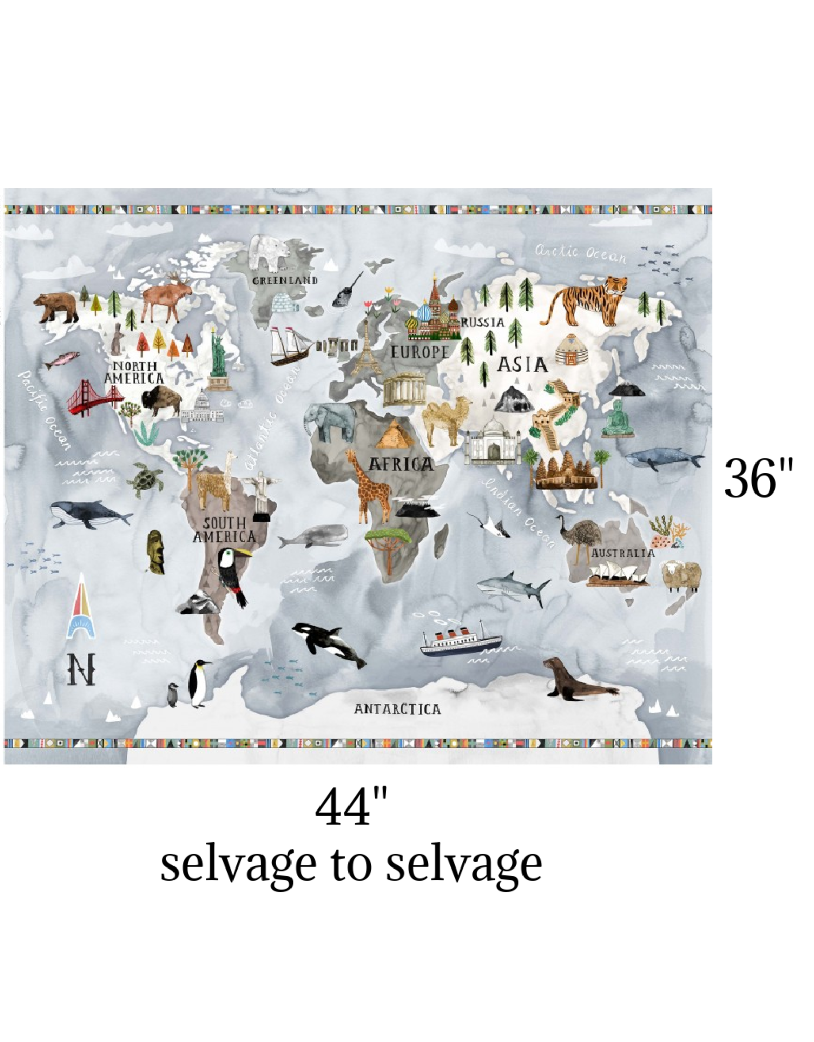 Michael Miller Around the World, World Map in Multi, 36" x 44" Fabric Panel