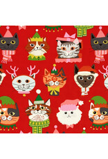 Alexander Henry Fabrics Christmas Time, Kitty Christmas in Red, Fabric Half-Yards