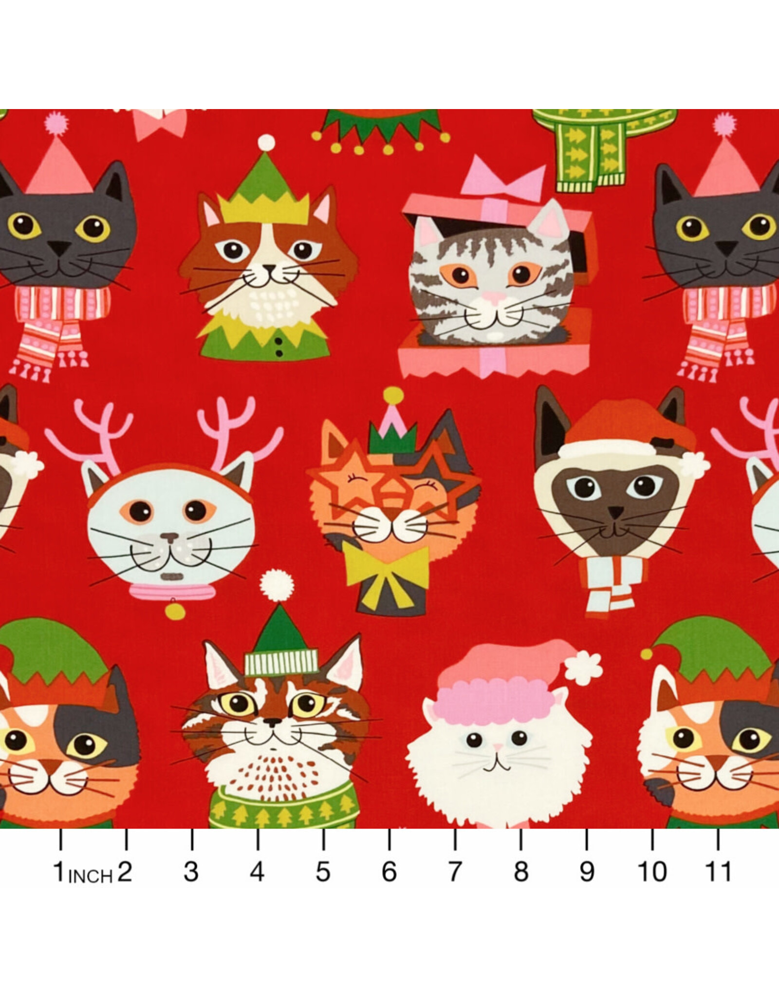 Alexander Henry Fabrics Christmas Time, Kitty Christmas in Red, Fabric Half-Yards