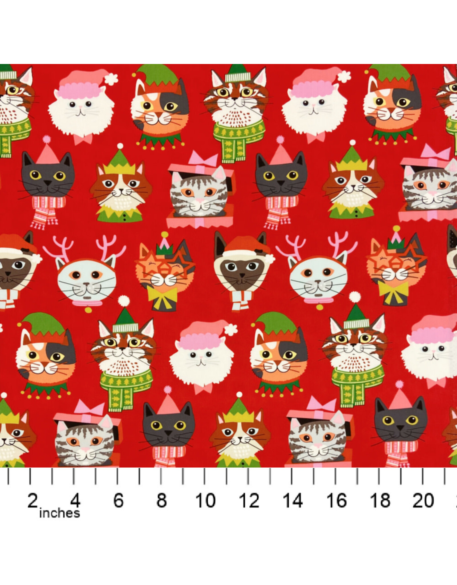 Alexander Henry Fabrics Christmas Time, Kitty Christmas in Red, Fabric Half-Yards