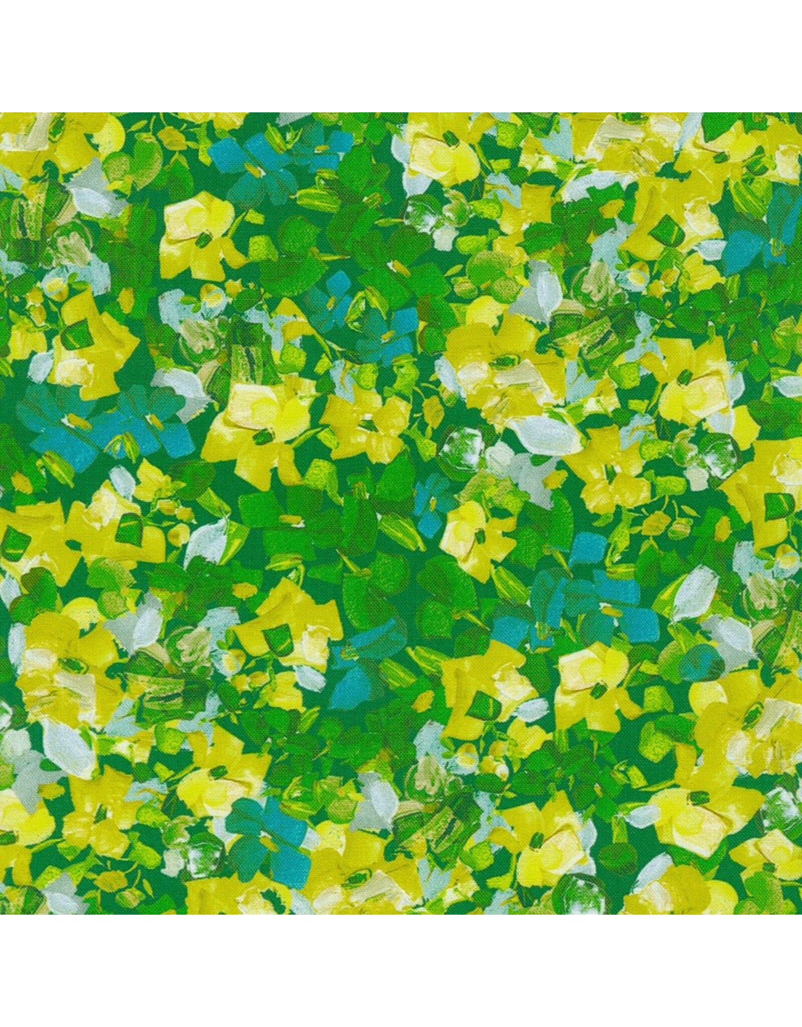 Robert Kaufman ON SALE - 5 YARD CUT, Painterly Petals Meadow, Garden in Green
