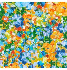 Robert Kaufman Painterly Petals Meadow, Nature in Orange & Blue, Fabric Half-Yards