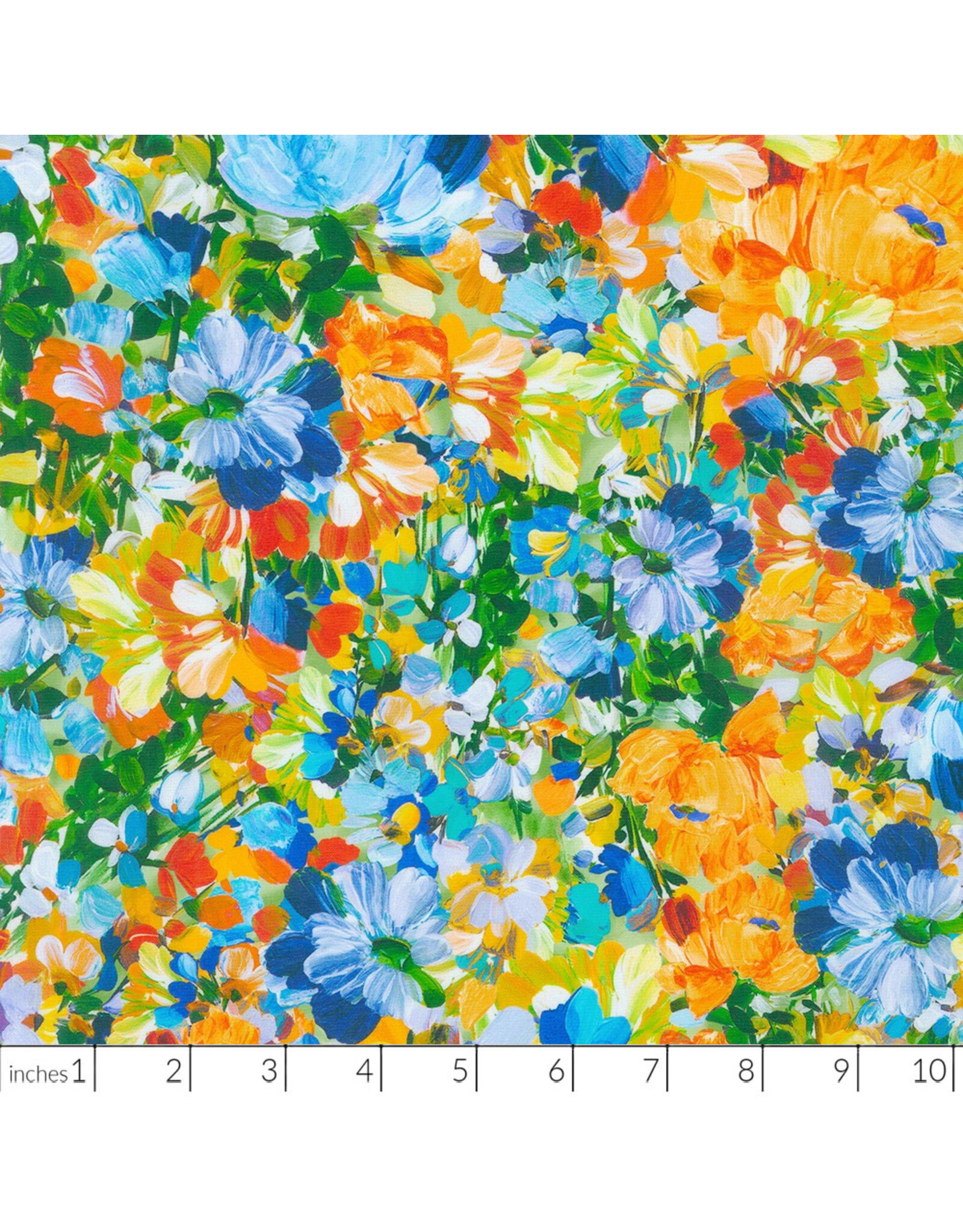 Robert Kaufman Painterly Petals Meadow, Nature in Orange & Blue, Fabric Half-Yards