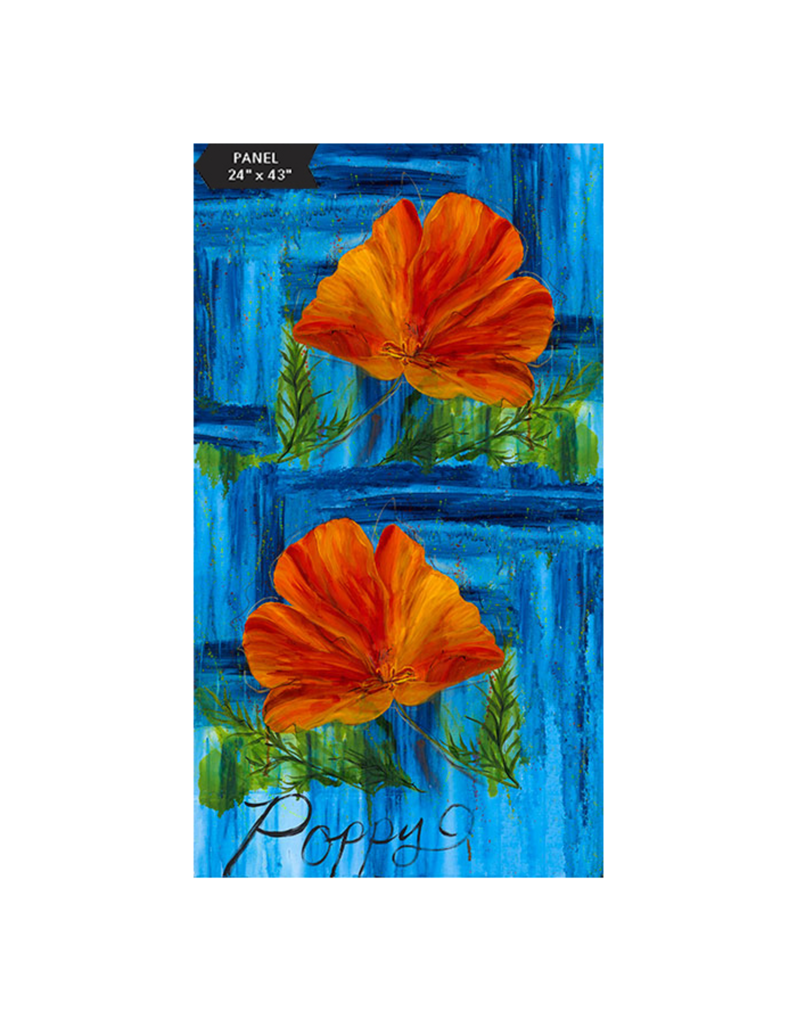 Northcott Wildflower,  Poppy in Electric Blue, 24" x 43" Fabric Panel