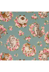 Japan Import Cotton Linen Canvas, Yanagi Japan, Cats with Roses, Fabric Half-Yards