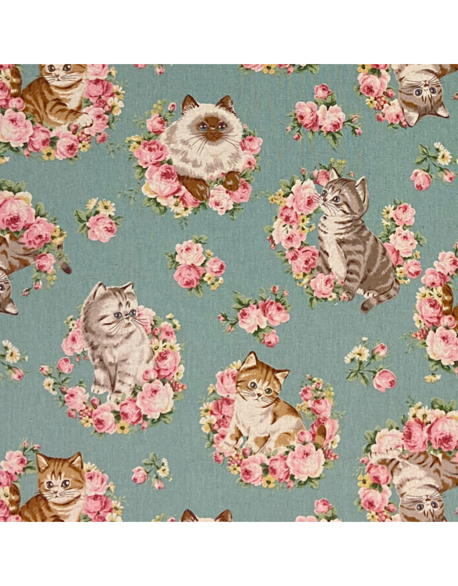 Japan Import Cotton Linen Canvas, Yanagi Japan, Cats with Roses, Fabric Half-Yards