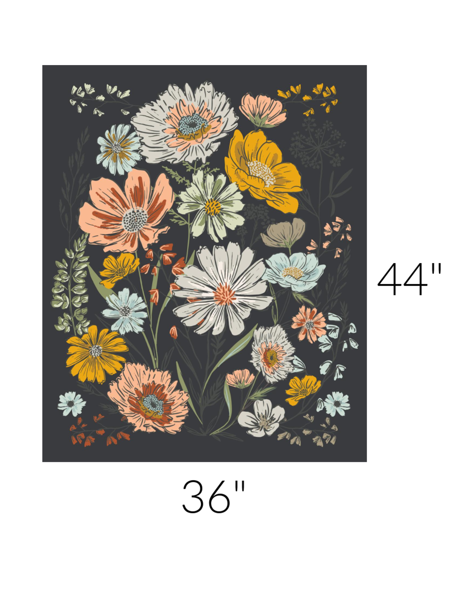 Moda Woodland Wildflowers Panel in Charcoal, 36" x 44" Fabric Panel