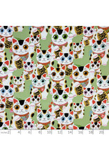 Alexander Henry Fabrics Indochine, Fuku Kitty in Sage, Fabric Half-Yards