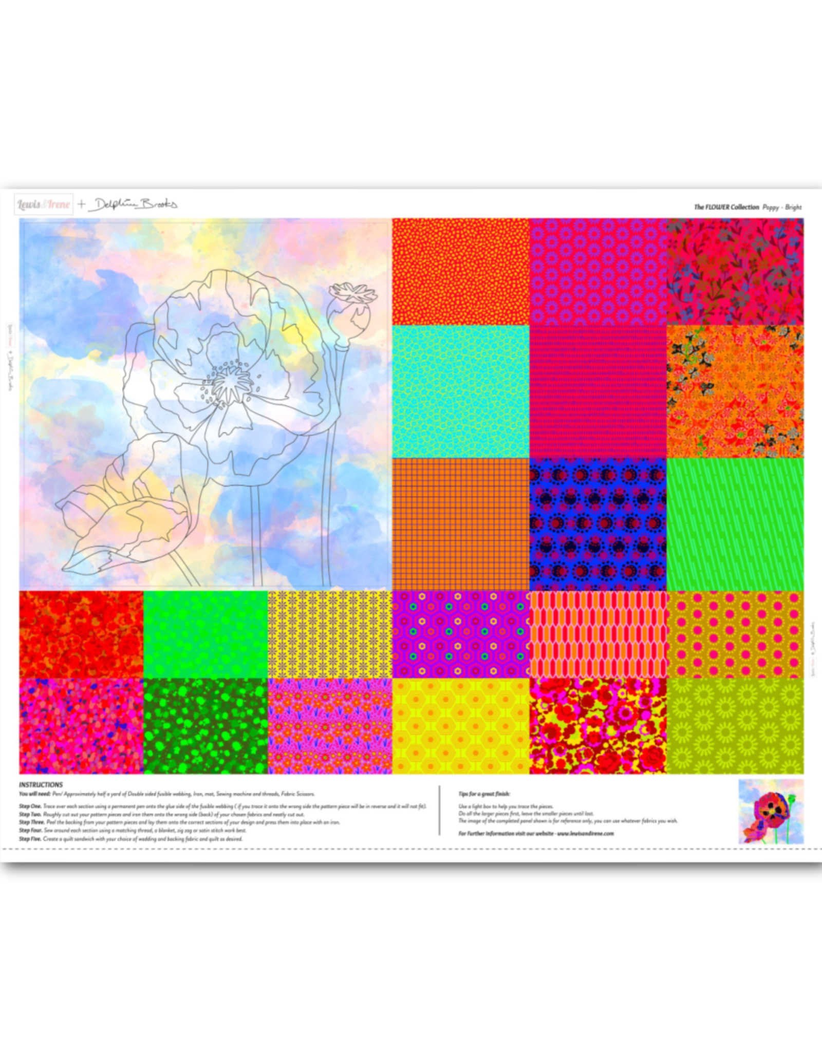 Lewis & Irene The Flower Collection, Poppy Panel in Bright, 36" x 44" Fabric Panel