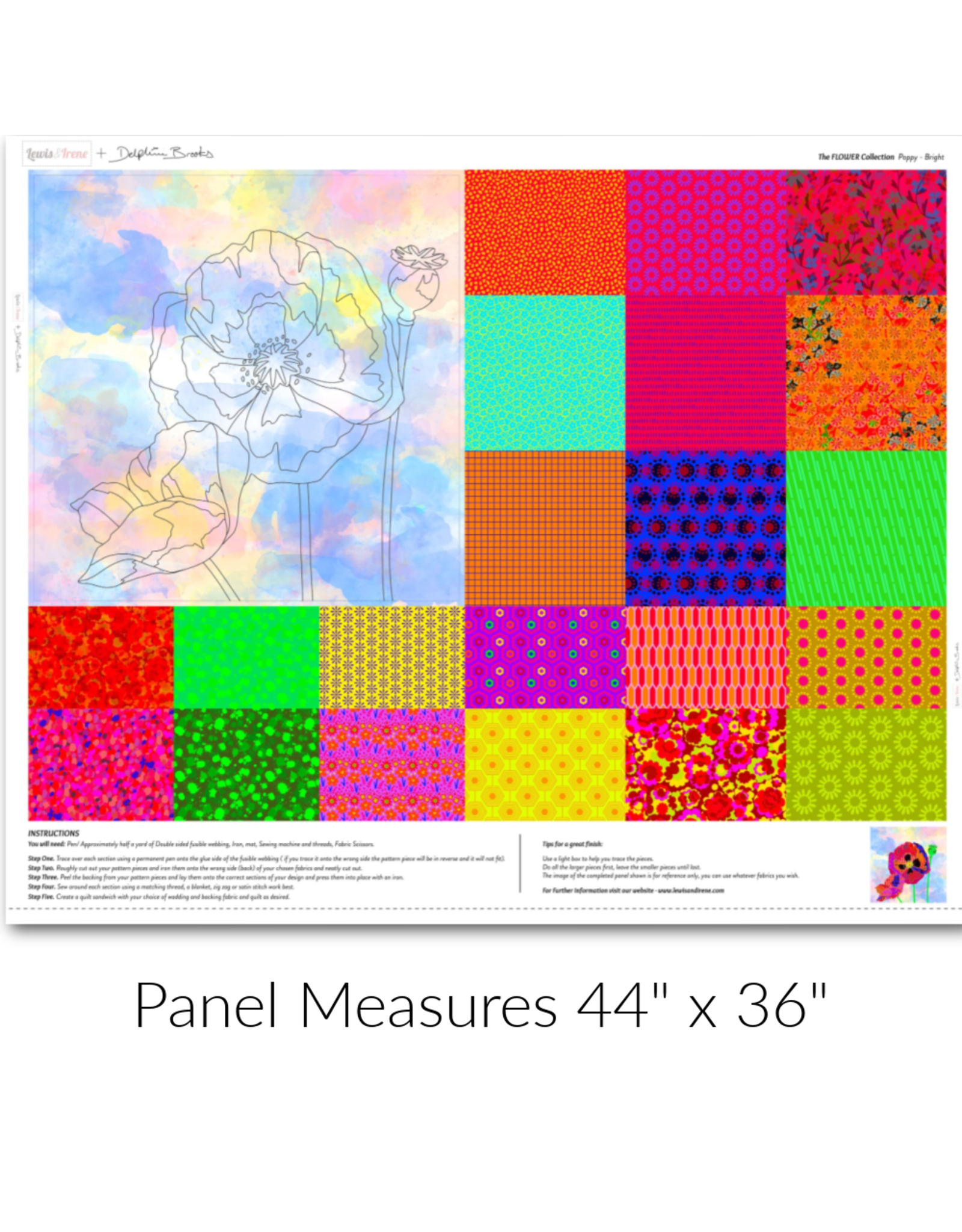 Lewis & Irene The Flower Collection, Poppy Panel in Bright, 36" x 44" Fabric Panel