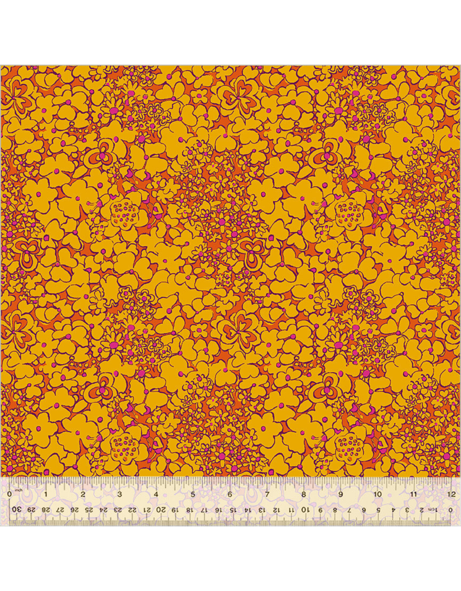 Sally Kelly Botanica, Periwinkle in Tangerine, Fabric Half-Yards