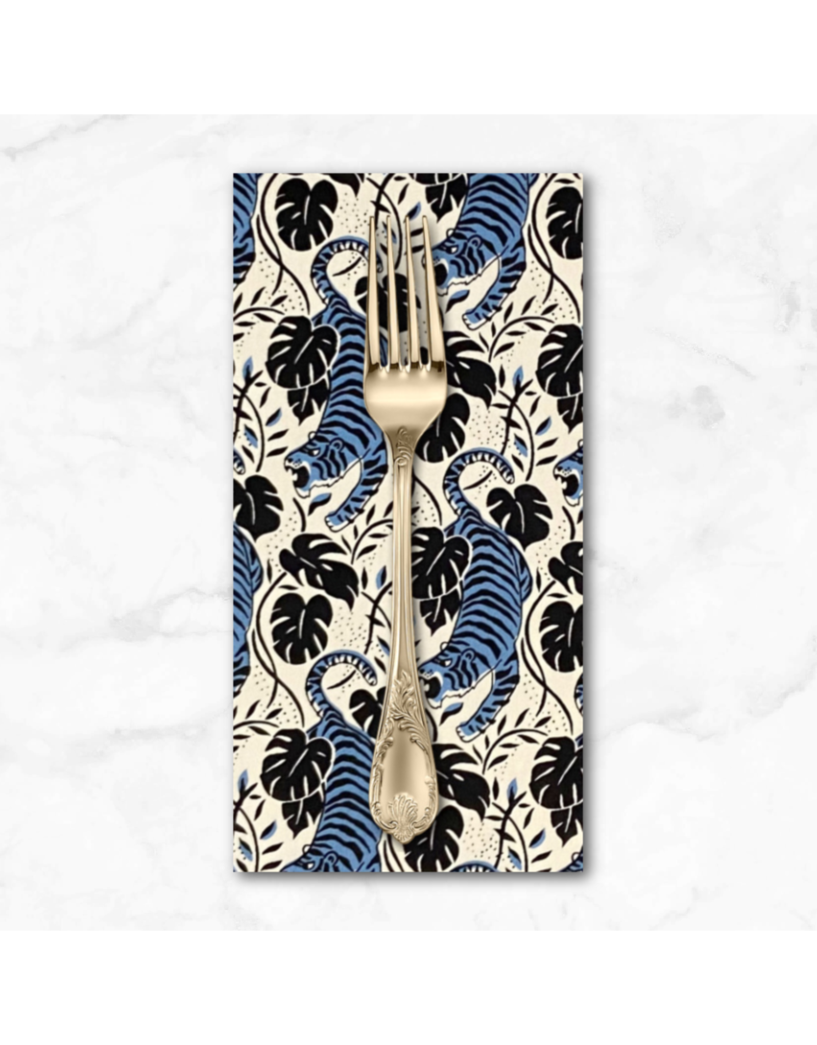 PD's Sevenberry Collection Tropics, Tiger with Tropical Leaves in Blue Light, Dinner Napkin