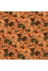 Sevenberry Tropics, Palm Trees with Tropical Motifs in Rust, Fabric Half-Yards