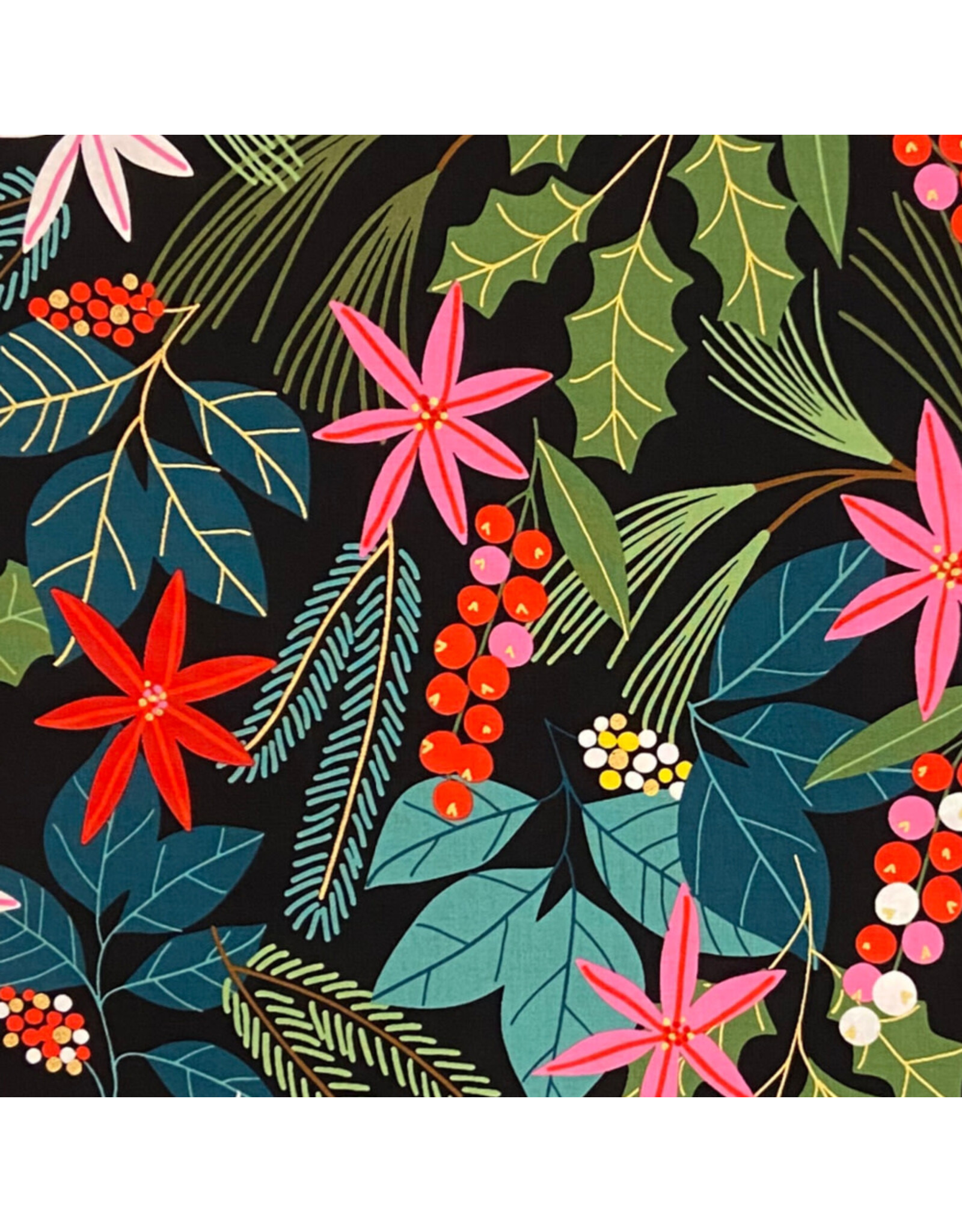 Alexander Henry Fabrics Christmas Time, Merry Berry in Black, Fabric Half-Yards