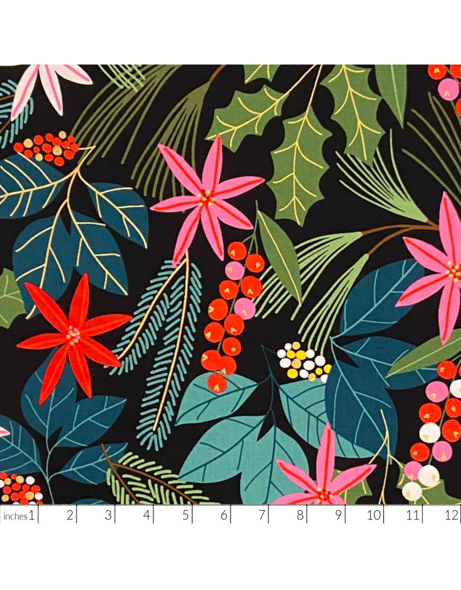 Alexander Henry Fabrics Christmas Time, Merry Berry in Black, Fabric Half-Yards