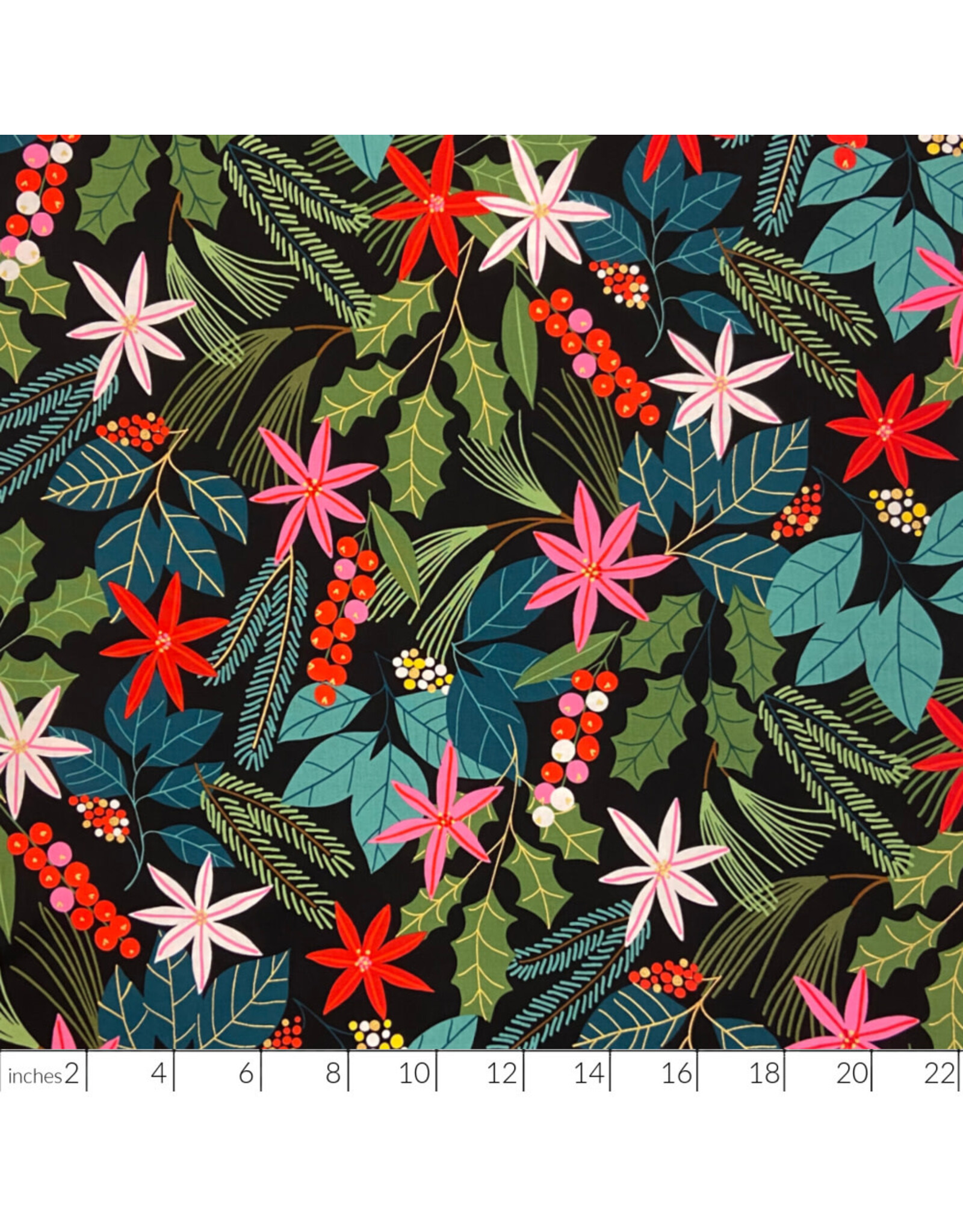 Alexander Henry Fabrics Christmas Time, Merry Berry in Black, Fabric Half-Yards