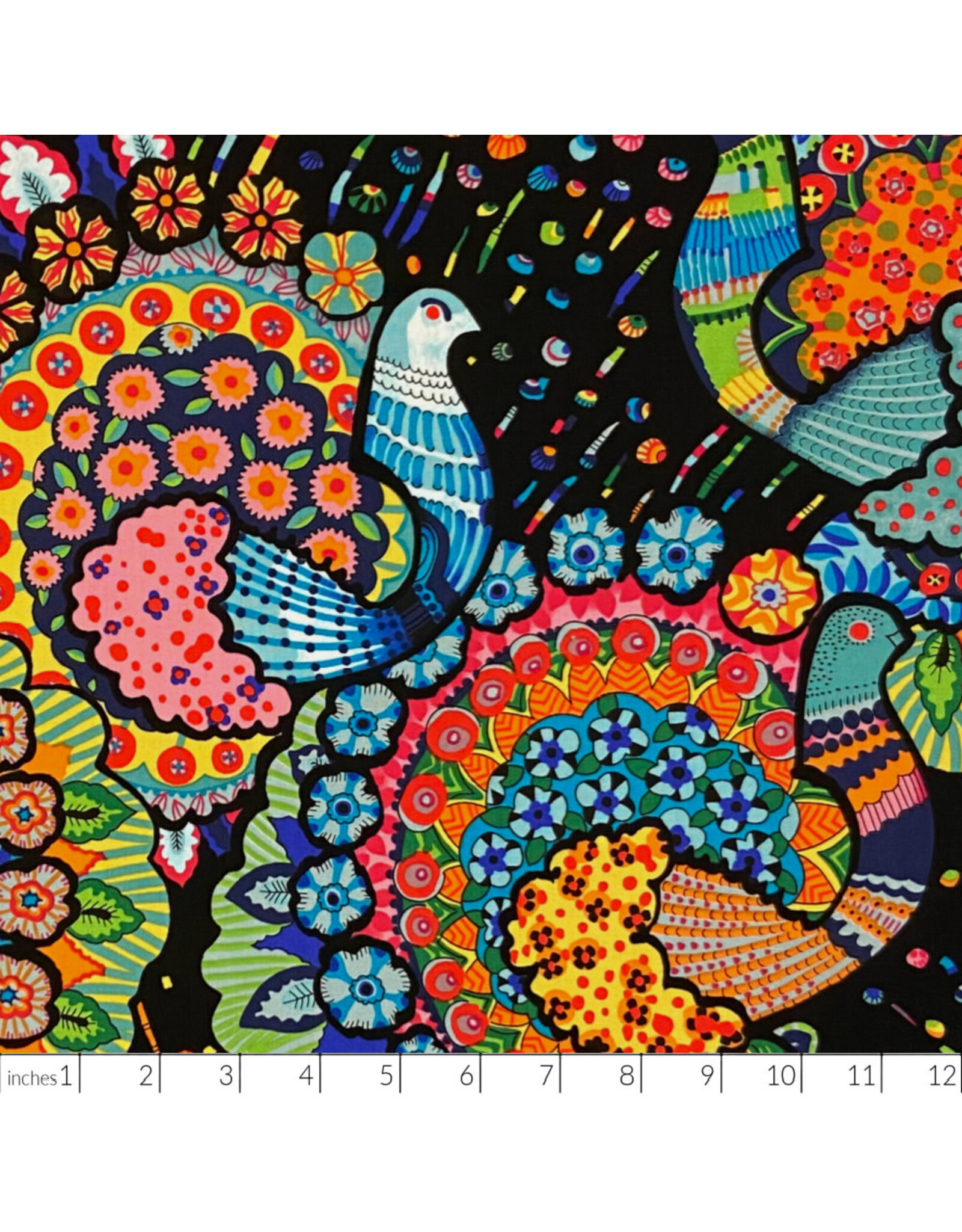 Alexander Henry Fabrics Folklorico, El Pollo in Black, Fabric Half-Yards