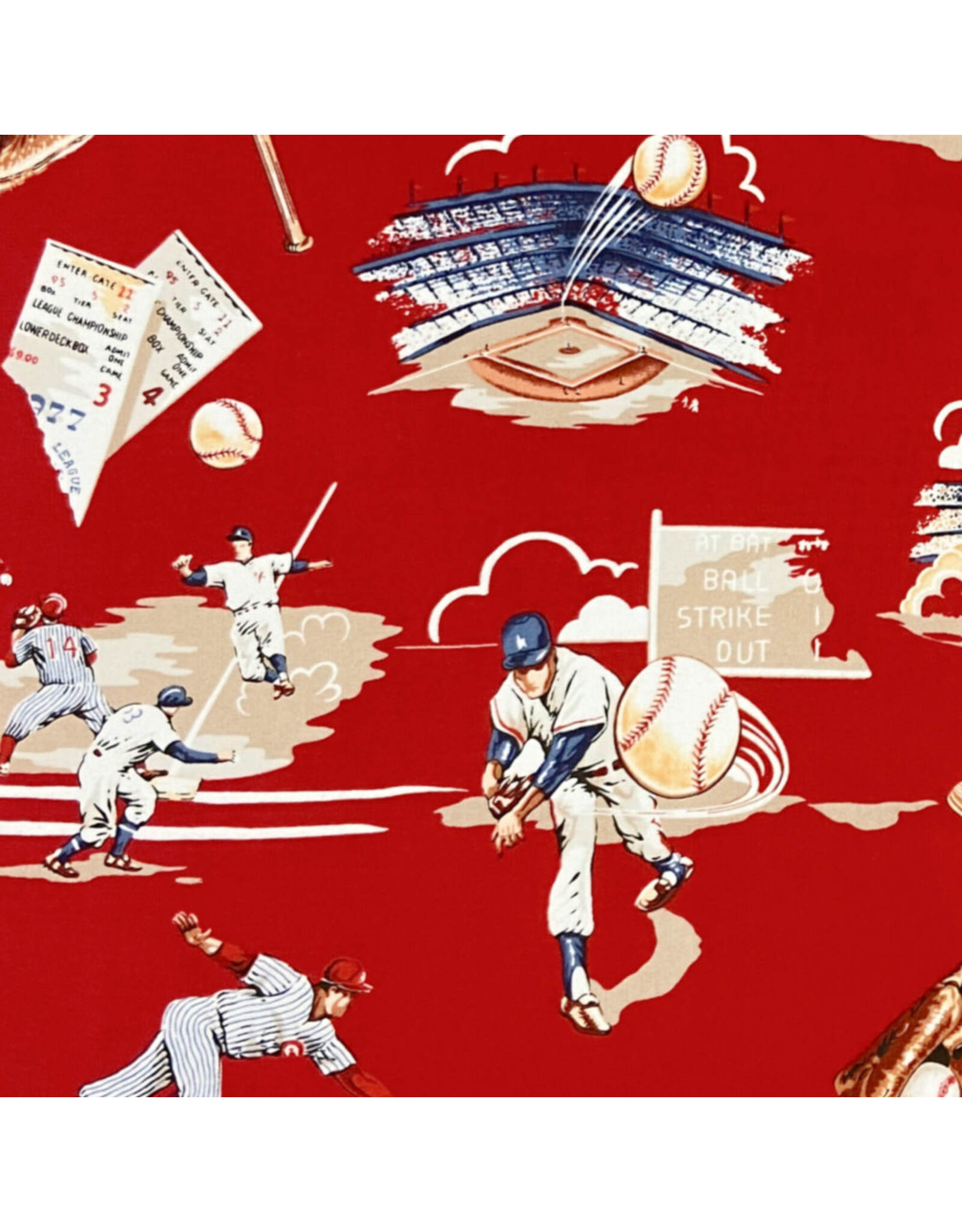 Alexander Henry Fabrics The Great American Pastime, Top of the Ninth in Red, Fabric Half-Yards