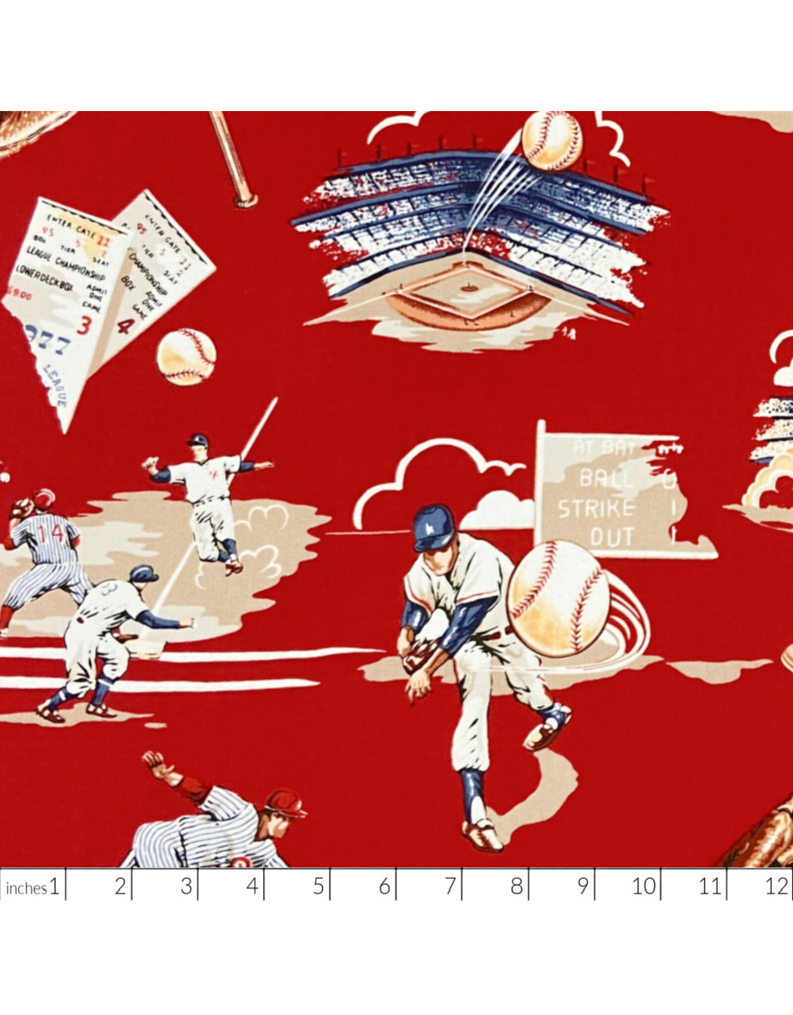 Alexander Henry Fabrics The Great American Pastime, Top of the Ninth in Red, Fabric Half-Yards