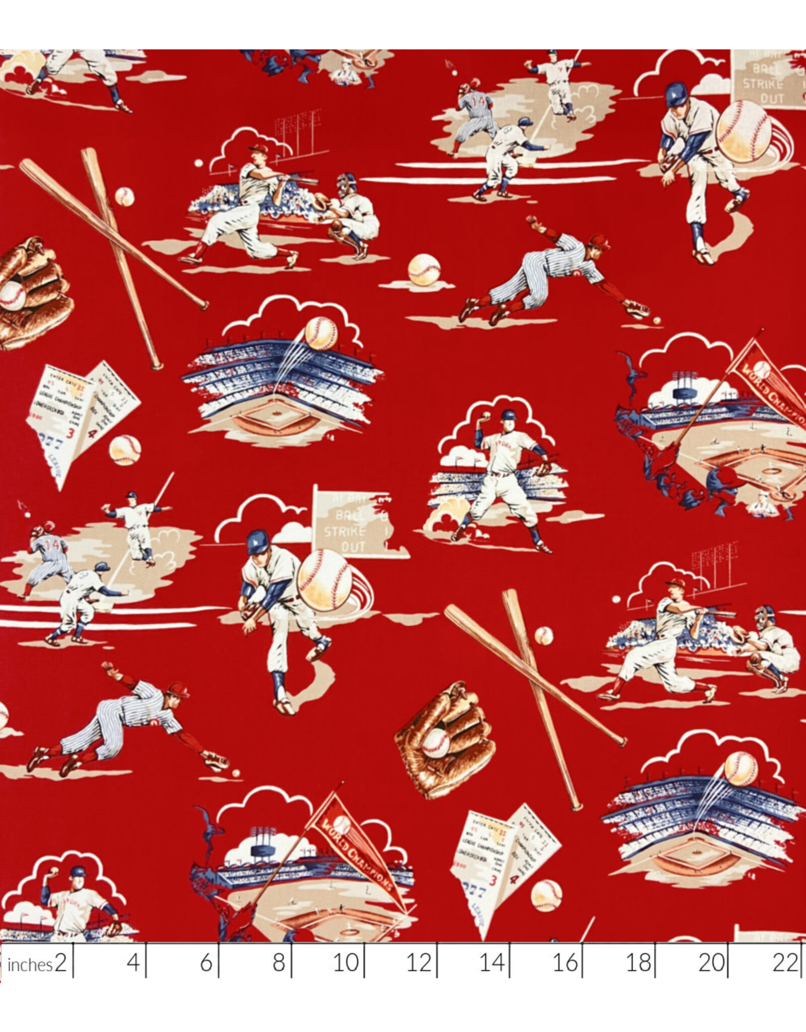 Alexander Henry Fabrics The Great American Pastime, Top of the Ninth in Red, Fabric Half-Yards