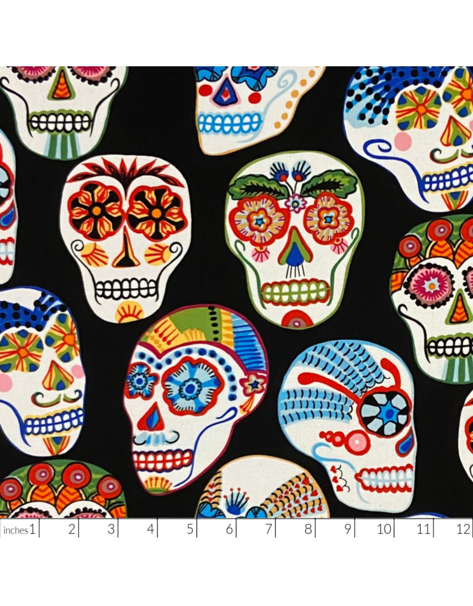 Alexander Henry Fabrics Folklorico, Calaveras Contentas in Black, Fabric Half-Yards