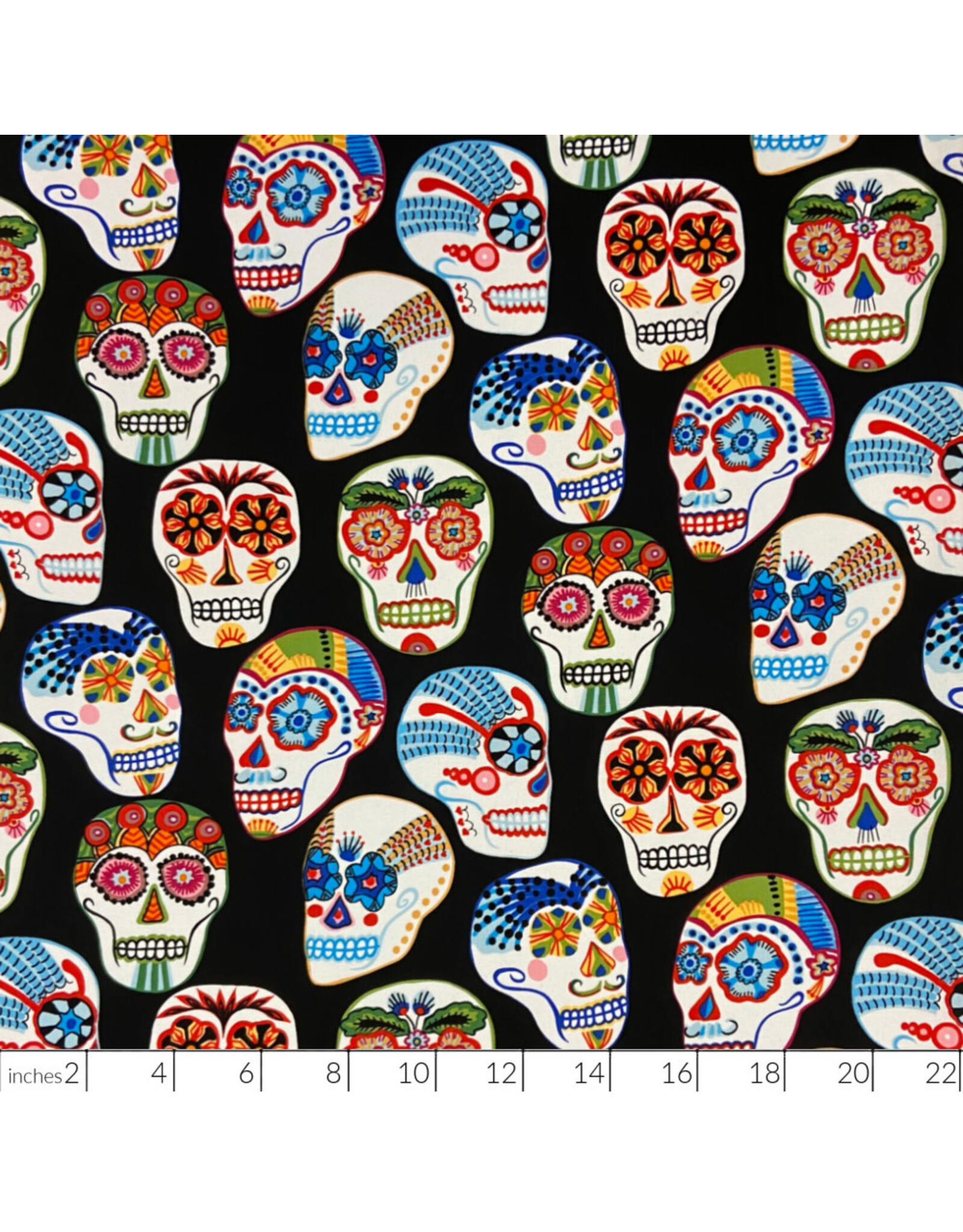 Alexander Henry Fabrics Folklorico, Calaveras Contentas in Black, Fabric Half-Yards