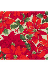 Martha Negley Winterberry, Poinsettia in Natural, Fabric Half-Yards