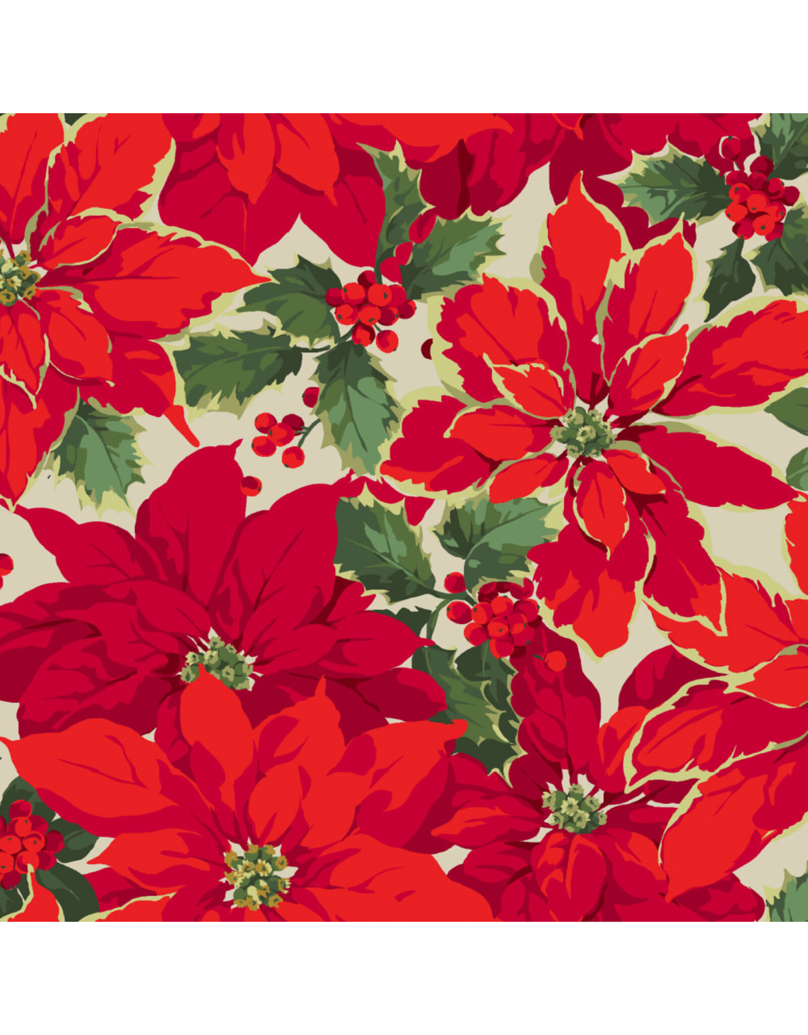 Martha Negley Winterberry, Poinsettia in Natural, Fabric Half-Yards
