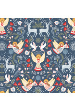 Lewis & Irene Peace & Joy, Peace and Joy on Festive Blue with Metallic, Fabric Half-Yards