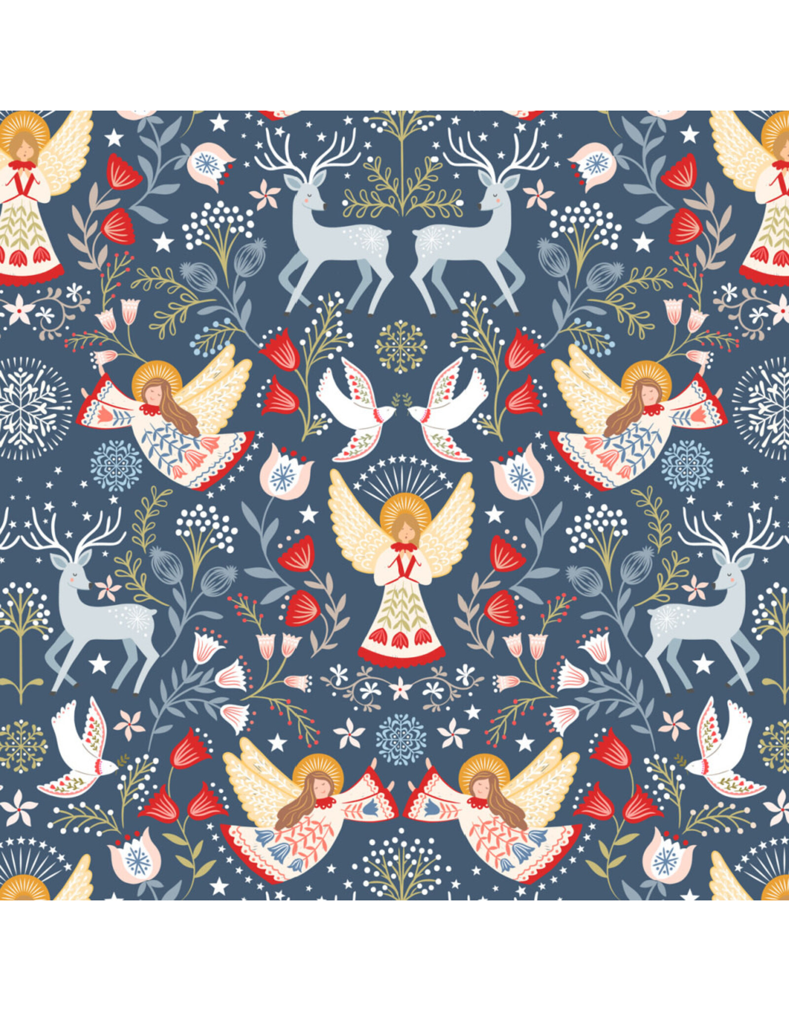 Lewis & Irene Peace & Joy, Peace and Joy on Festive Blue with Metallic, Fabric Half-Yards