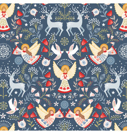 Lewis & Irene Peace & Joy, Peace and Joy on Festive Blue with Metallic, Fabric Half-Yards