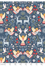 Lewis & Irene Peace & Joy, Peace and Joy on Festive Blue with Metallic, Fabric Half-Yards