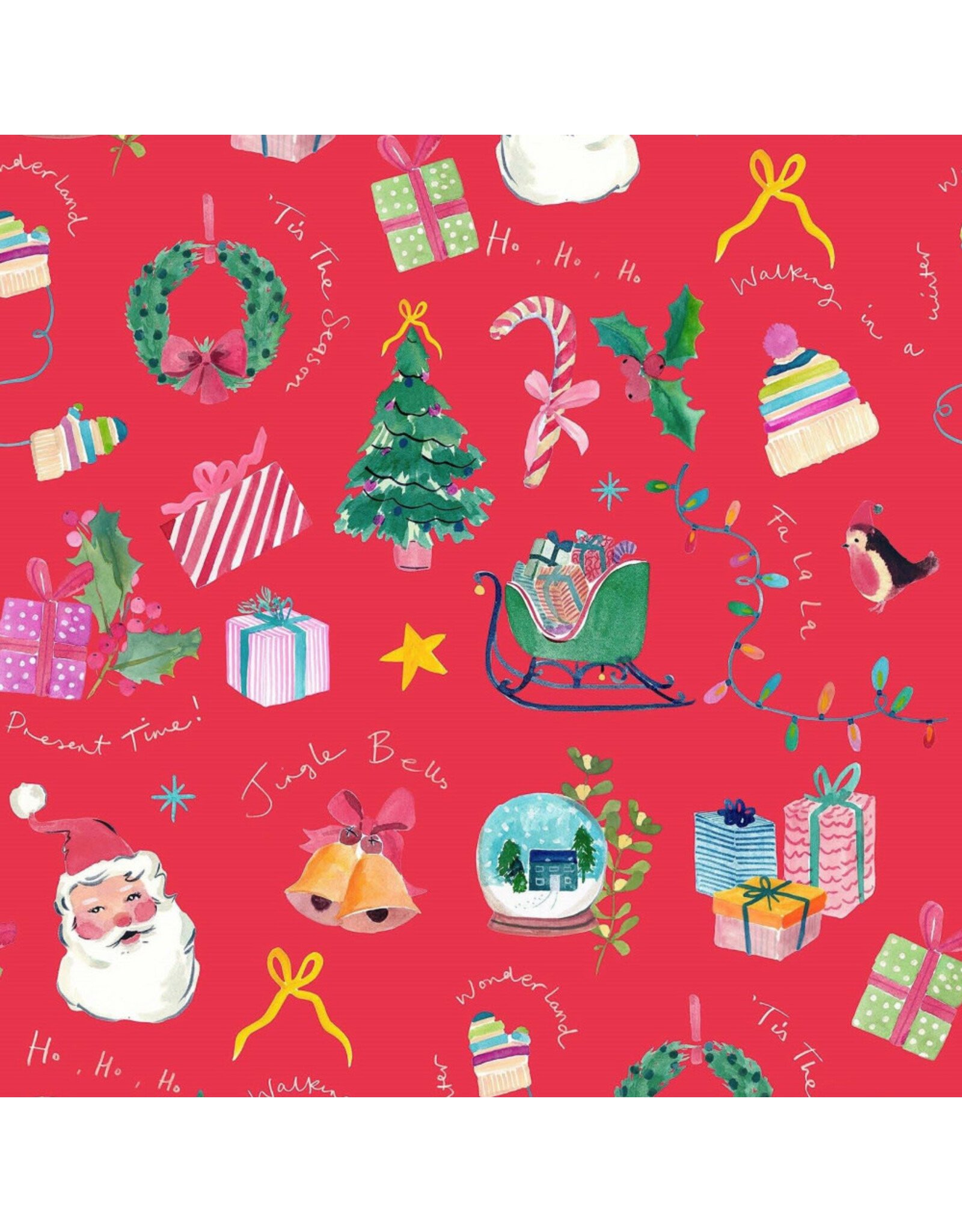 Lewis & Irene Fa-La-La, Jingle Bells in Berry Red, Fabric Half-Yards