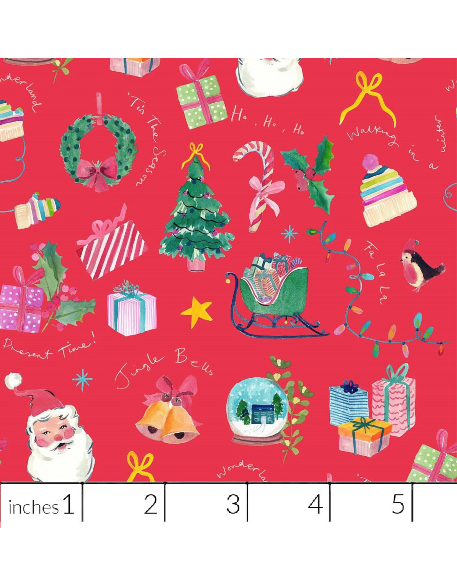 Lewis & Irene Fa-La-La, Jingle Bells in Berry Red, Fabric Half-Yards