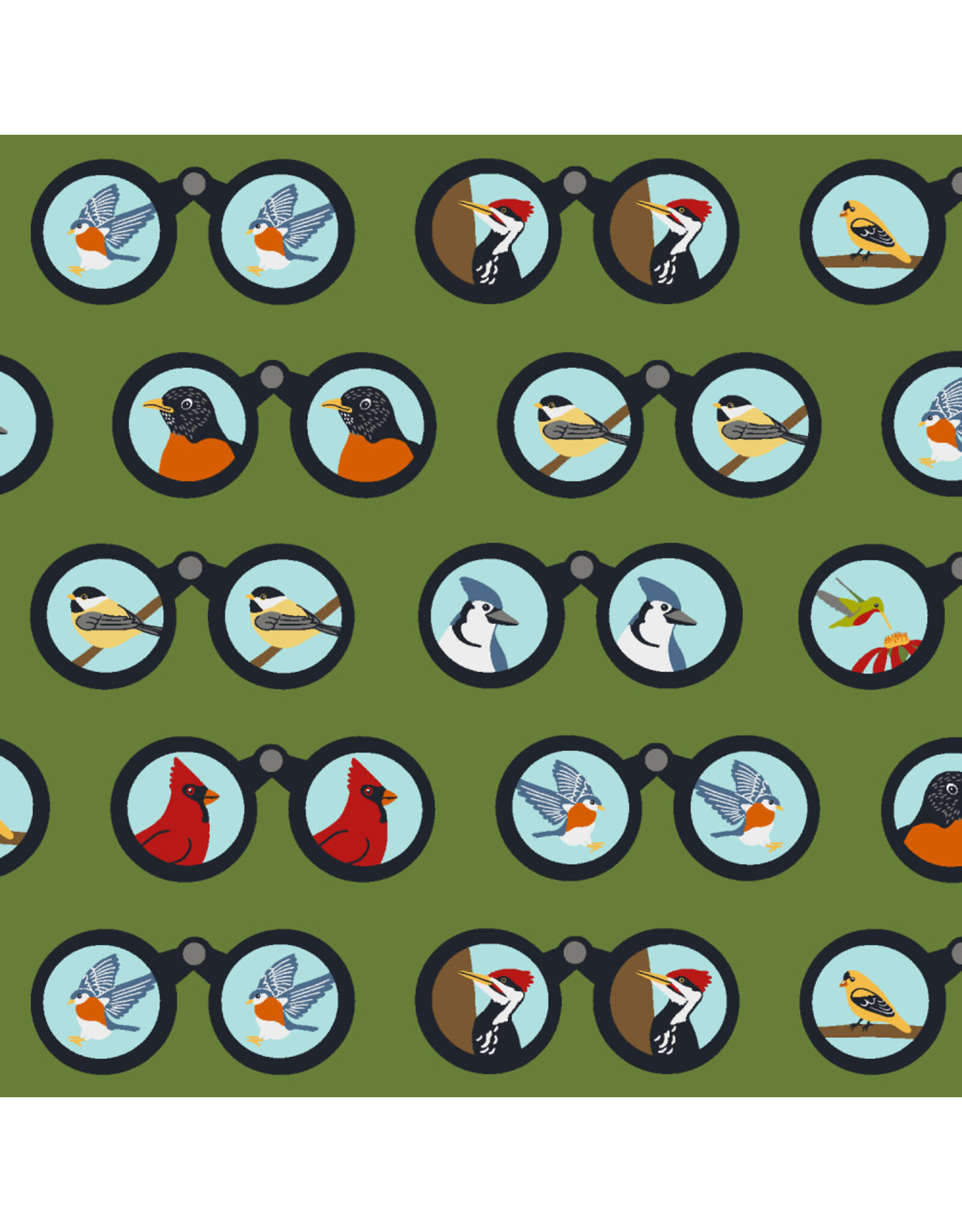 RJR Fabrics Backyard Birdwatching, Birding Binoculars in Moss, Fabric Half-Yards