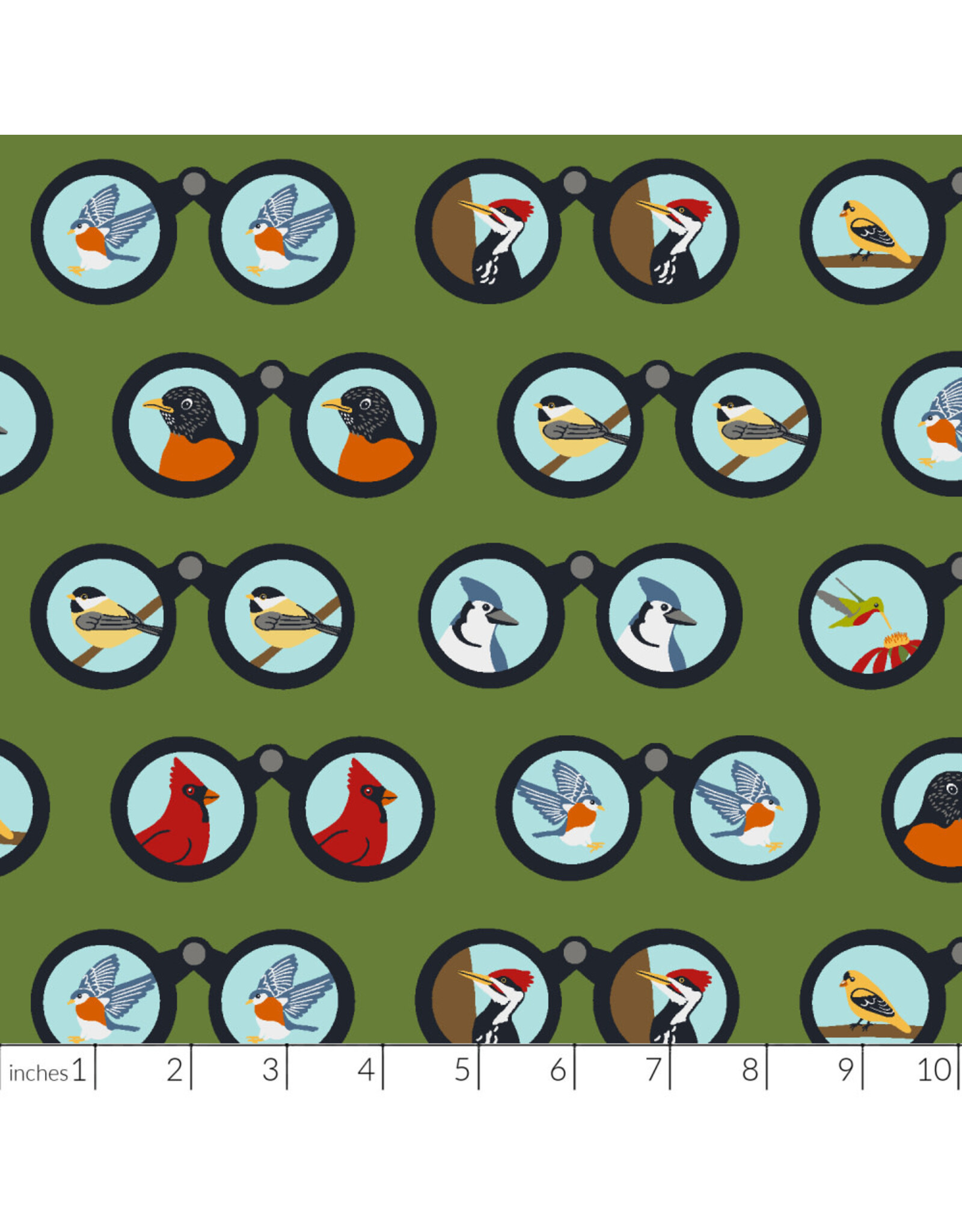 RJR Fabrics Backyard Birdwatching, Birding Binoculars in Moss, Fabric Half-Yards