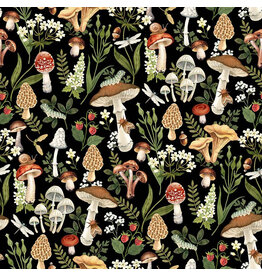 Northcott Wild Harvest, Mushrooms in Black, Fabric Half-Yards